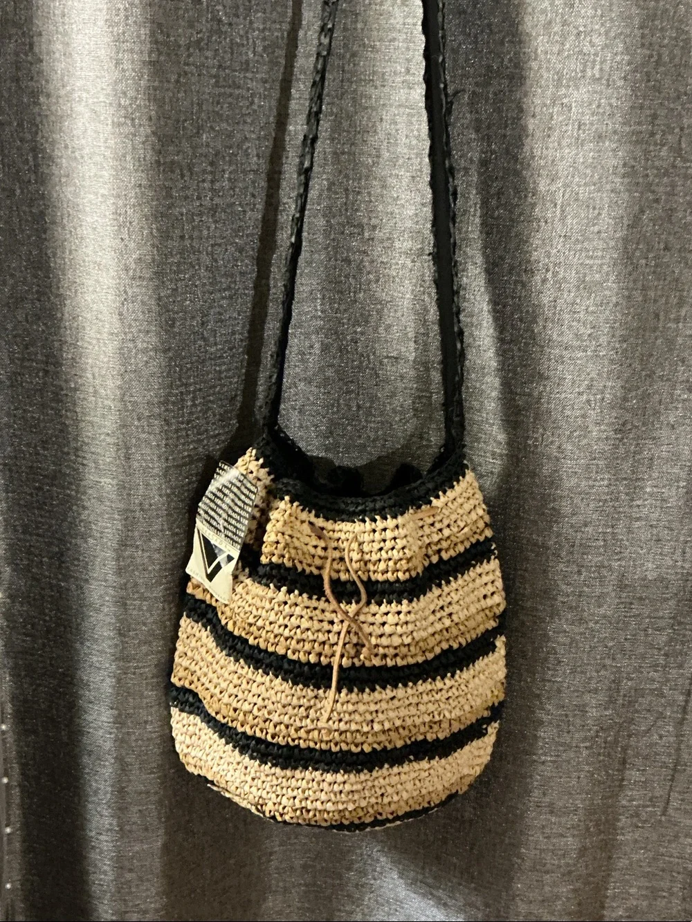 Striped Braided Shoulder Bag in Natural and Black